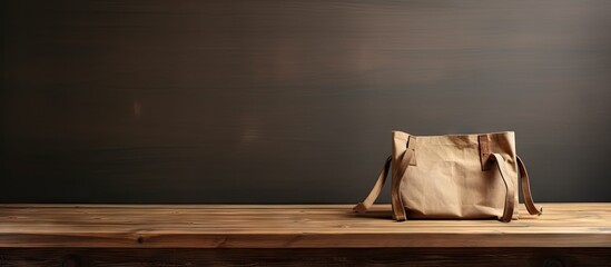 A vintage style wooden table with a cloth bag holding books creating a visually appealing copy space image