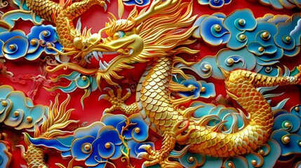 Fototapeta premium Golden dragon on the wall of Chinese temple.