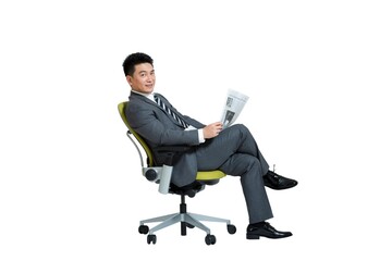 Shed on middle-aged business men sit chair reading a newspaper