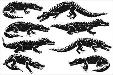 Fototapeta premium Set of crocodile silhouettes, Black silhouette of crocodile, Crocodile silhouette vector, Silhouette crocodile, Crocodiles silhouette, Wild animals, Africa, Crocodile