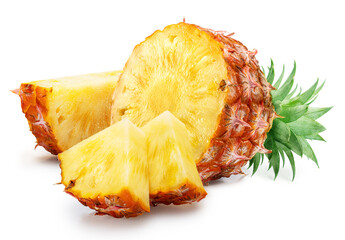 Ripe pineapple cross section and pineapple slices isolated on white background. File contains clipping path.