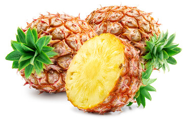 Ripe pineapples and pineapple cross section isolated on white background. File contains clipping path.