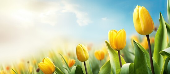 A vibrant springtime image featuring a meadow filled with yellow tulips and a ladybug basking in the warm sunlight Ideal for adding captions or text. Copy space image
