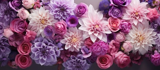 A picturesque arrangement of pink and purple flowers designed with an elegant copy space image
