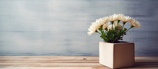 A Vintage filter enhances the isolated image of a Tuesday wooden block and ceramic flower pot on a wooden background. Copy space image. Place for adding text and design