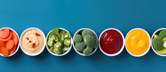 A top down view of colorful bowls filled with vegetable and fruit puree including broccoli carrots banana and apple on a blue background The image leaves room for additional content