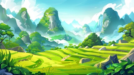Asian rice field terraces in mountain landscape. Paddy plantation, waterfalls farm in the mountains of China, Vietnam, Thailand or the Philippines. Grass meadow with green grass scenery. Cartoon