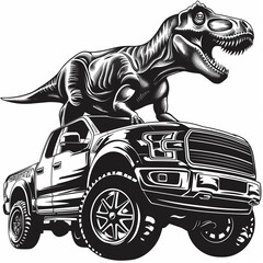 a black and white image of a dinosaur riding a truck