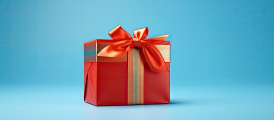 Fototapeta premium A gift wrapped with a red ribbon on a blue background with ample space for copy