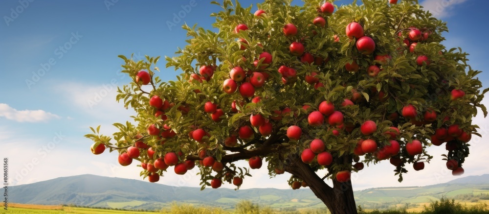 Sticker Copy space image of an apple tree adorned with ripe apples