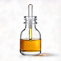 Olive oil in a glass bottle on a white background with reflection