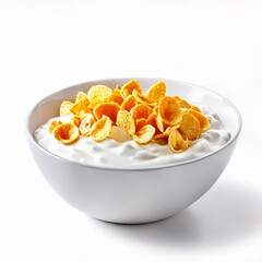 bowl of cornflakes and milk isolated on white background, breakfast