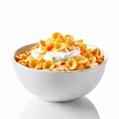 bowl of cornflakes and milk isolated on white background, breakfast