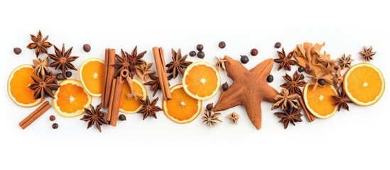A festive winter themed arrangement featuring dried orange slices star anise and cinnamon sticks is showcased on a white background This flat lay composition provides ample copy space - Powered by Adobe