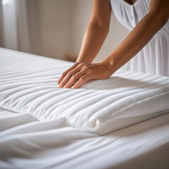 cropped shot of woman holding hands on white bedding in bedroom