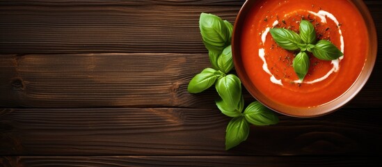 A wooden background with a bowl of tomato puree soup garnished with cream and fresh basil leaves Ample copy space for text or additional images