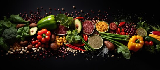 Copy space image of a diverse assortment of nutritious and refreshing foods including vegetables seeds superfoods cereals and leafy greens set against a striking black backdrop