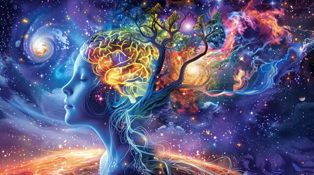 A human profile merging with the cosmos, illustrating a brain transformed into a tree amidst galaxies, celebrating the union of nature and the universe AI Generative.