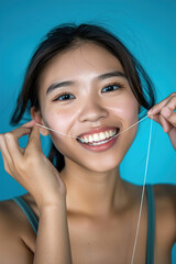 Woman portrait, dental floss and flossing teeth with smile, oral hygiene.
