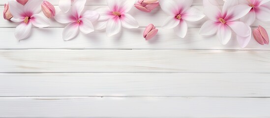 Flowers and petals are used to create a romantic ambiance decorating a white wooden background. Copy space image. Place for adding text and design