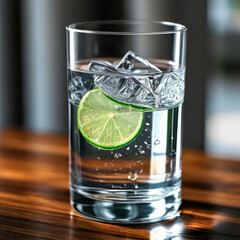Glass of water with ice cubes on a wooden table, selective focus