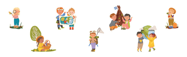 Kids Take Care of Planet Earth and Clean Environment Vector Set
