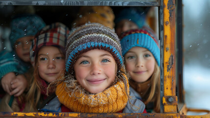 cheerful children on the background of a school bus,generative ai