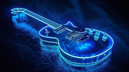 Neon blue electric guitar in a dynamic and energetic illustration, AI Generative. - obrazy, fototapety, plakaty