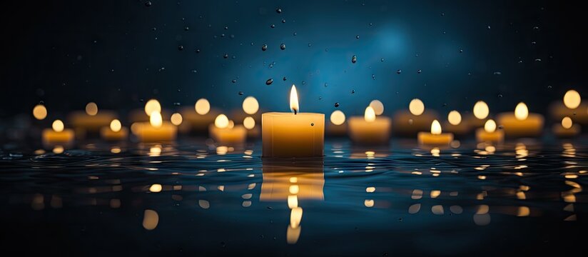 Solemn moments illuminated by floating candles casting a golden bokeh in a serene blue darkness against a black backdrop a captivating copy space image