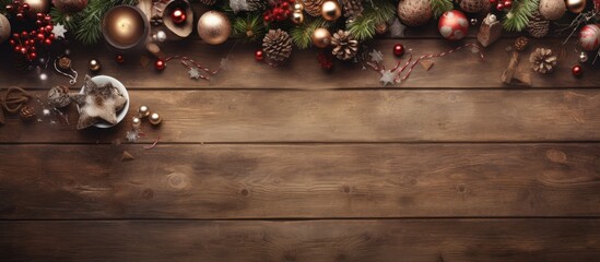 A festive top down view of Christmas decorations and a wooden table surface providing ample space for architects engineers builders designers and draftsmen to express their creative wishes The image - Powered by Adobe