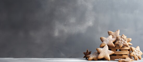 A rustic still life of festive gingerbread cookies on a grey concrete surface providing ample room for text and other graphic elements known as copy space image - Powered by Adobe