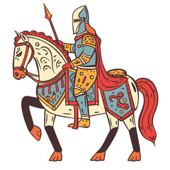 Medieval knight armor riding decorated horse, stylized vector illustration. Armored warrior horseback, historical costume design. Medieval fair, renaissance festival representation, cartoon drawing