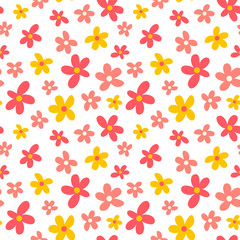 Red, pink, yellow cartoon flower seamless pattern. Cute summer kids background for fabric, print, paper. Nursery, party, birthday design.