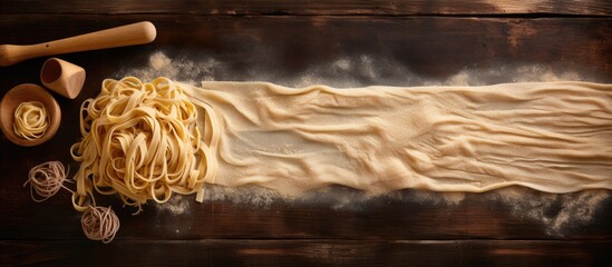 Top view of raw fettuccine pasta placed on a vintage wooden board alongside a rustic wooden rolling pin creating a visually appealing composition Ample copy space is available