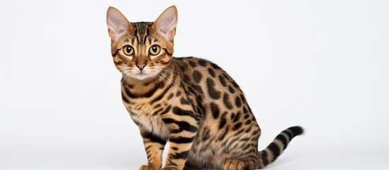 A stunning Bengal cat with green eyes and a red and black striped coat is gazing to the right on a white backdrop Plenty of space is available for text making it a perfect image for a pet related adv