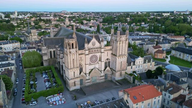 Cathedral of Saint Peter or Pierre in Poitiers city, France. Aerial orbiting
