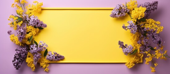 A floral frame with lilac branches on a yellow backdrop perfect for decorating with flowers copy space image