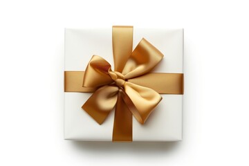 Top view of a neatly wrapped white gift box with a shiny golden bow on a clean background