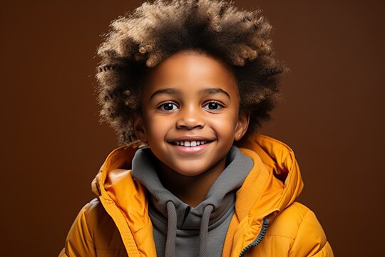 Portrait of a little afro boy with afro curls in a yellow jacket on a red background.