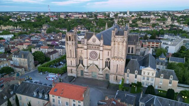 Cathedral of Saint Peter or Pierre in Poitiers city, France. Aerial drone circling