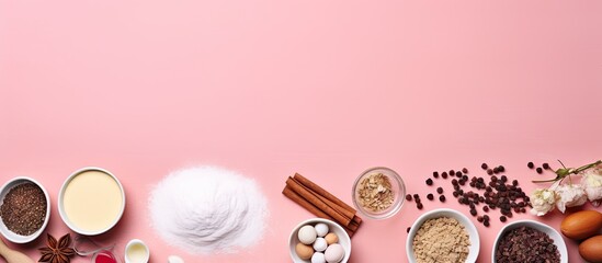 Flat lay of baking or cooking ingredients on a pink background providing a copy space image - Powered by Adobe