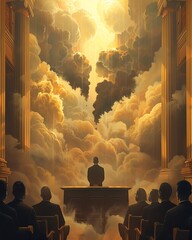 A man standing at a podium in front of a large audience. The man is speaking passionately, and the audience is listening intently. The scene is bathed in warm light. - obrazy, fototapety, plakaty