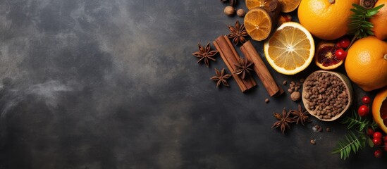 Copy space image of a festive cooking background featuring a variety of nuts juicy oranges aromatic anise stars and fragrant cinnamon beautifully arranged on a rustic stone background with decorative - Powered by Adobe
