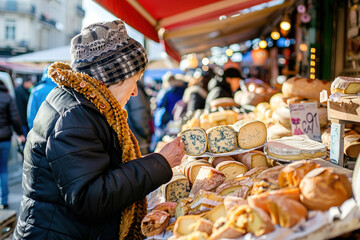 A woman examines artisanal cheeses at a bustling farmers market on a sunny day.