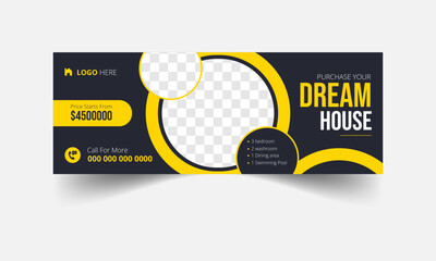 Dream home sale real estate facebook cover and web banner template. Modern abstract flat corporate real estate construction Facebook cover.
