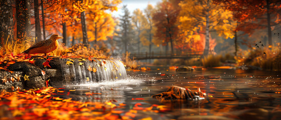 Autumn Tranquility: Colorful Forest Stream in Fall Landscape