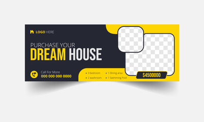 Dream home sale real estate facebook cover and web banner template. Modern abstract flat corporate real estate construction Facebook cover.
