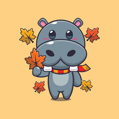 Cute hippo holding autumn leaf. Mascot cartoon vector illustration suitable for poster, brochure, web, mascot, sticker, logo and icon.