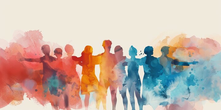 A group of people are standing in a line, with some of them holding hands. The image has a sense of unity and togetherness, as the people are all connected in some way