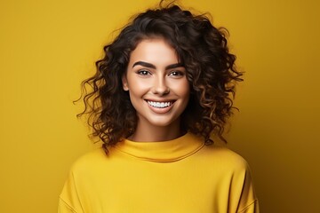 A young brunette girl with curls is smiling, a portrait of a girl in a yellow hoodie on a yellow background.